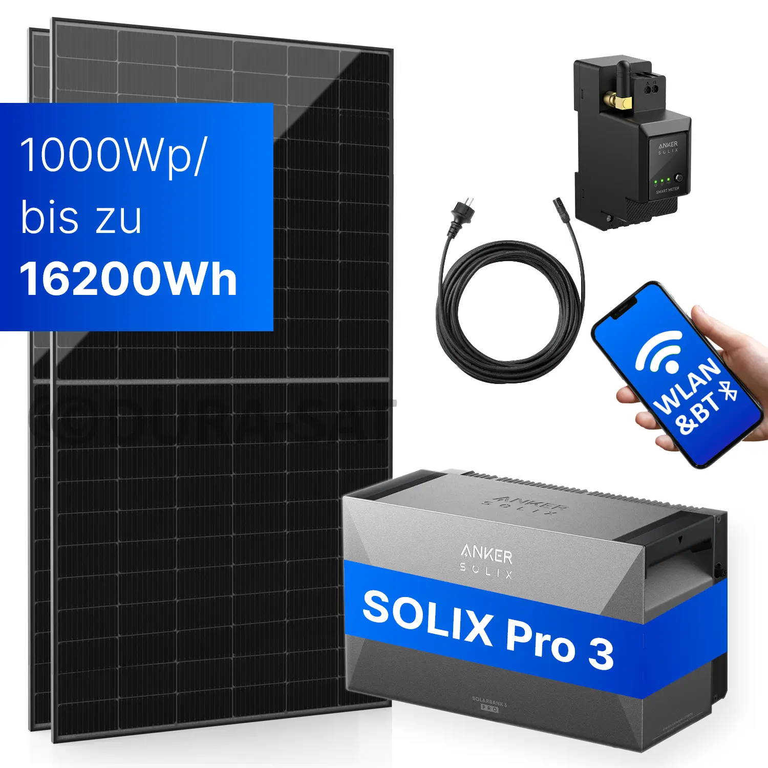 1000Wp Balkonkraftwerk mit Anker SOLIX Solarbank 3 E2700 PRO - XWh - 2x500Wp 