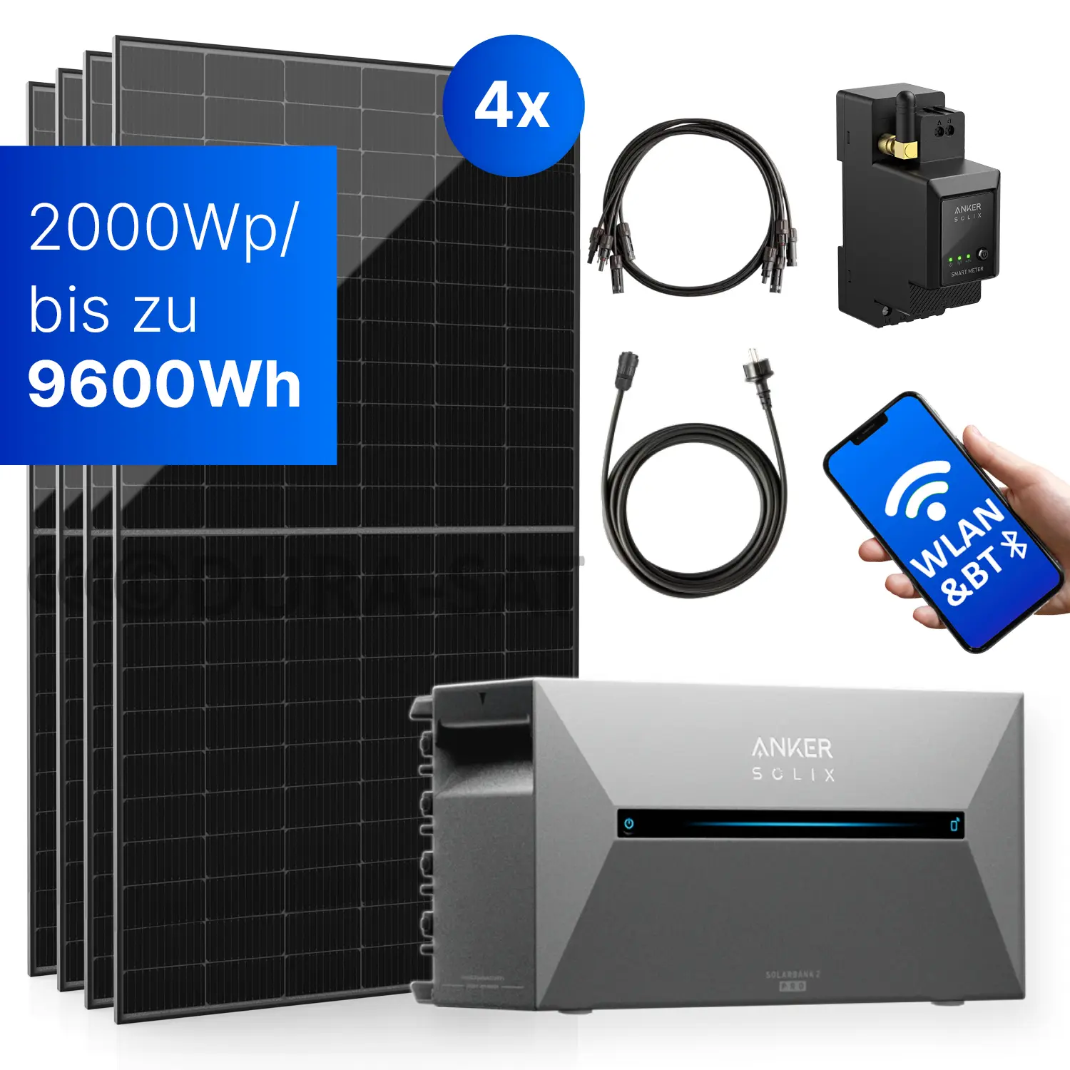 2000Wp Balkonkraftwerk mit Anker SOLIX Solarbank 2 E1600 PRO - XWh - 4x500Wp