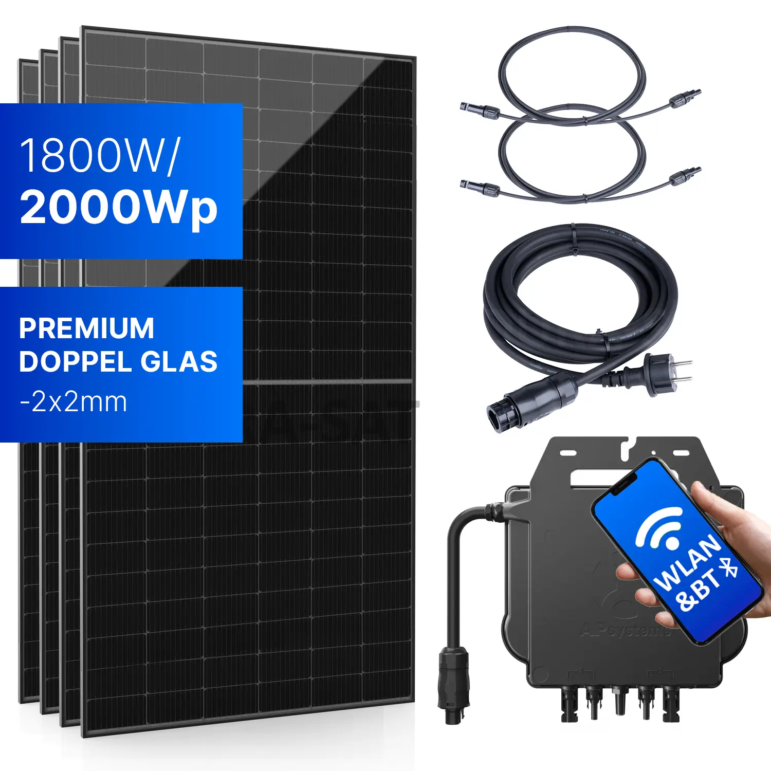 Balkonkraftwerk 1800W/2000Wp bifazial mit 3 - 20m Anschlusskabel Balkonkraftwerk 1800W/2000Wp bifazial mit 3 - 20m Anschlusskabel