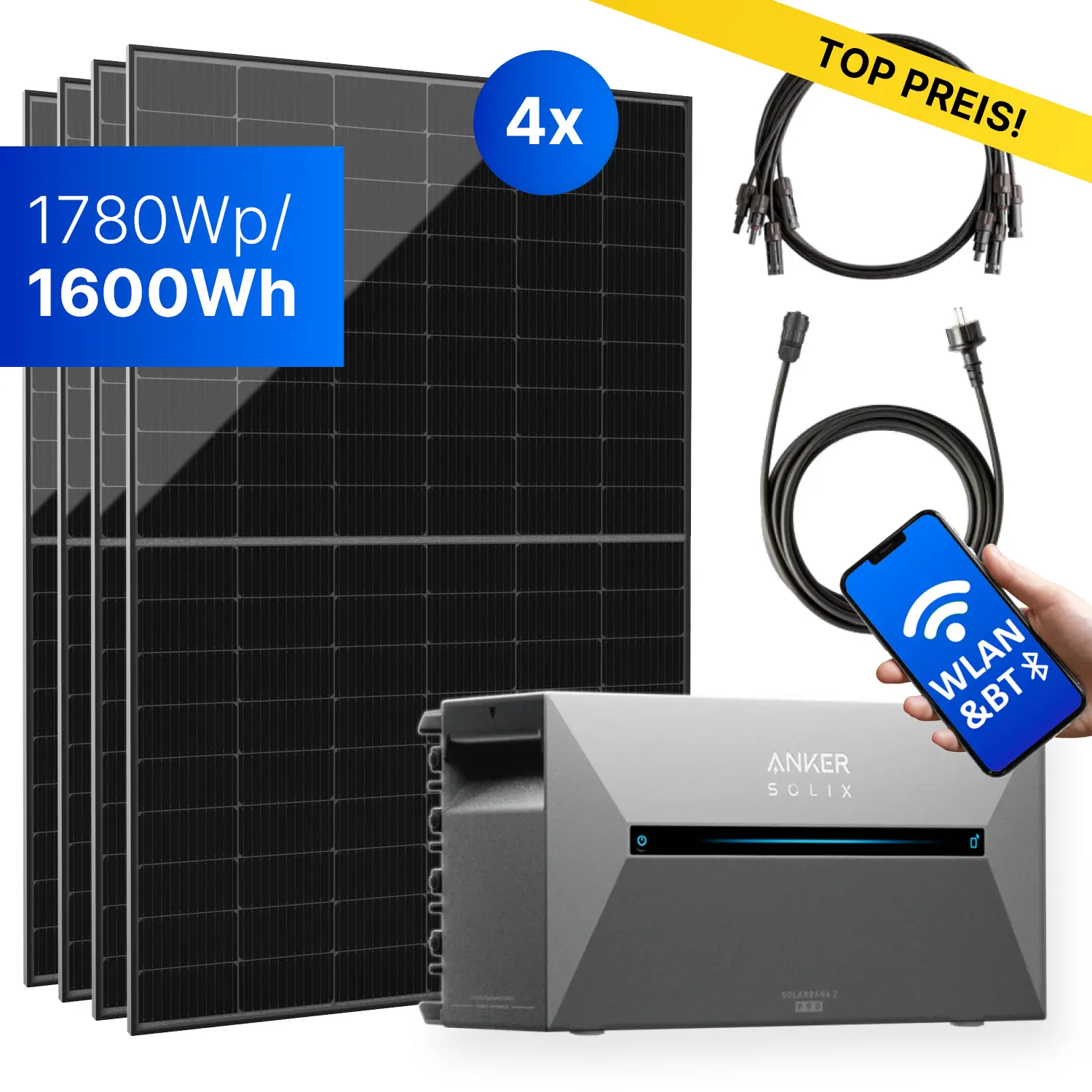 1780Wp Balkonkraftwerk mit Anker SOLIX Solarbank 2 E1600 PRO - XkWh - 4x445Wp