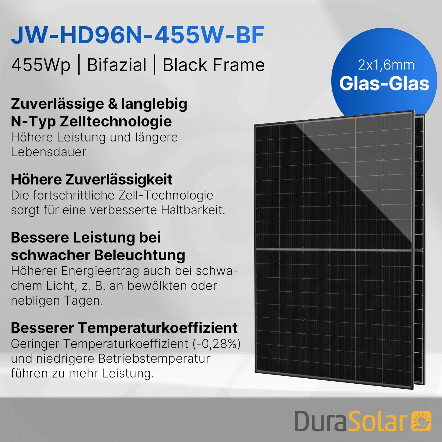 Jolywood 455W Bifazial 2x1,6mm Glas-Glas Modul JW-HD96N Black Frame - PV Solar Panel Jolywood 455W Bifazial 2x1,6mm Glas-Glas Modul JW-HD96N Black Frame - PV Solar Panel