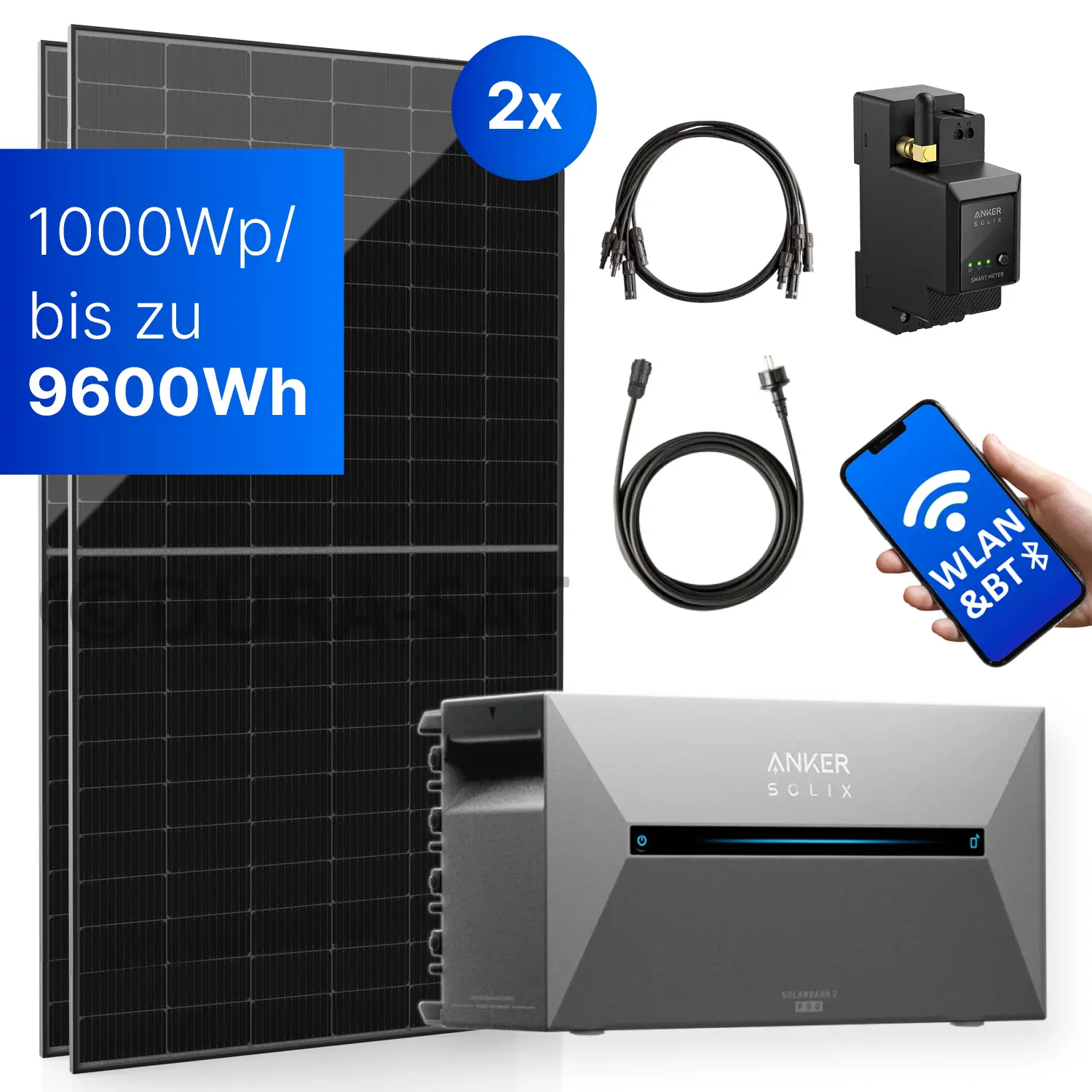 1000Wp Balkonkraftwerk mit Anker SOLIX Solarbank 2 E1600 PRO - XkWh - 2x500Wp