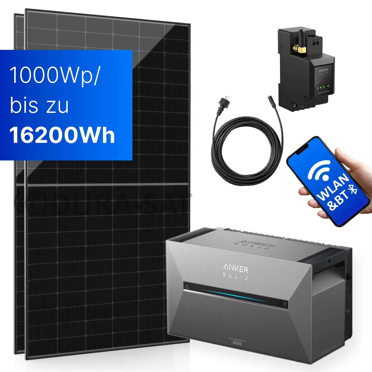 1000Wp Balkonkraftwerk mit Anker SOLIX Solarbank 3 E2700 PRO - XWh - 2x500Wp 