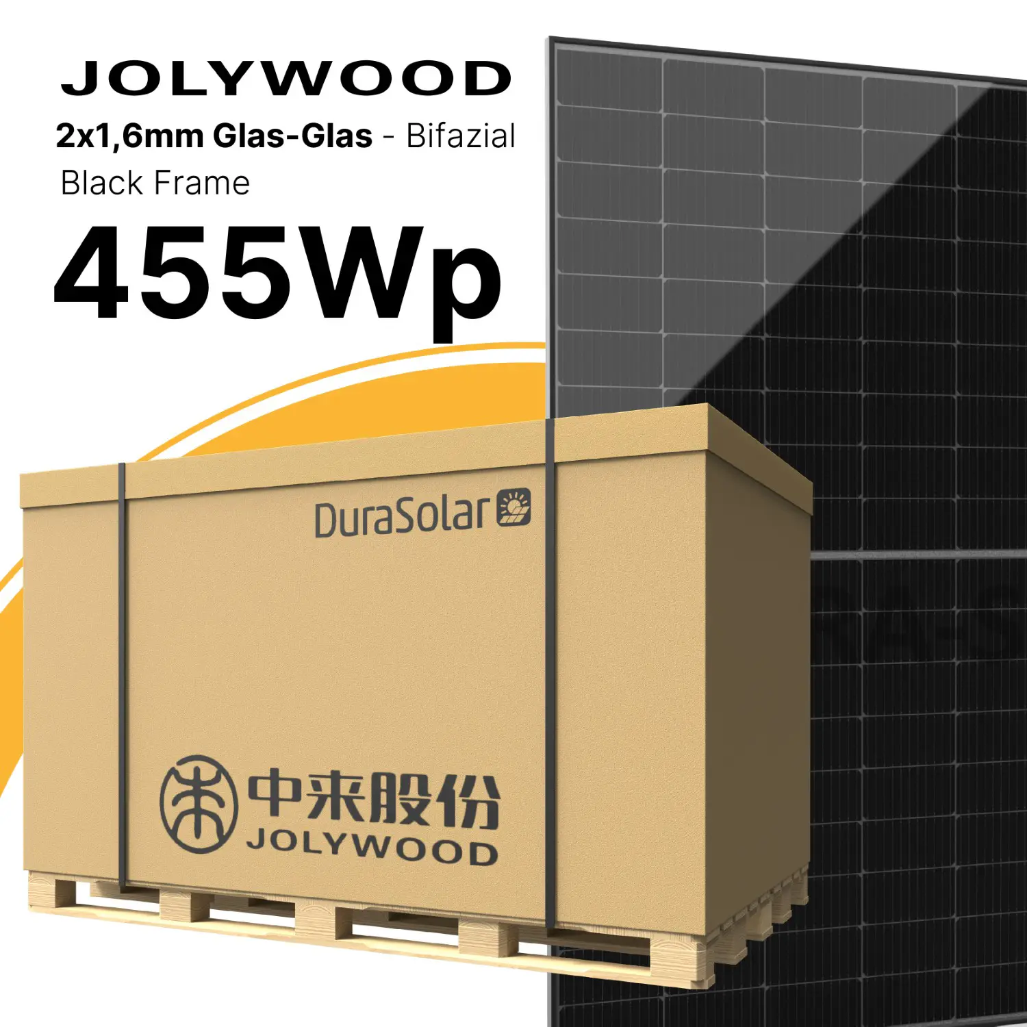Jolywood 455W Bifazial 2x1,6mm Glas-Glas Modul JW-HD96N Black Frame Palettenpreis (36 Stk.)- PV Solar Panel Jolywood 455W Bifazial 2x1,6mm Glas-Glas Modul JW-HD96N Black Frame Palettenpreis (36 Stk.)- PV Solar Panel
