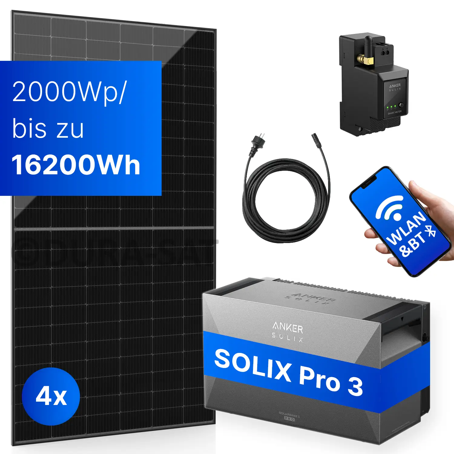 2000Wp Balkonkraftwerk mit Anker SOLIX Solarbank 3 E2700 PRO - XWh - 4x500Wp