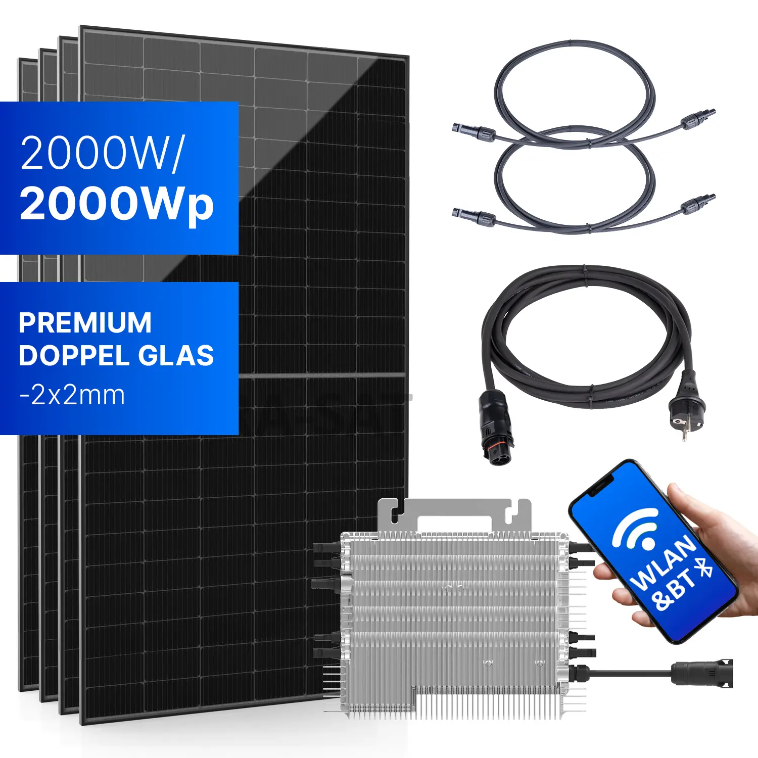 Balkonkraftwerk 2000W/2000Wp bifazial mit 3 - 20m Anschlusskabel 