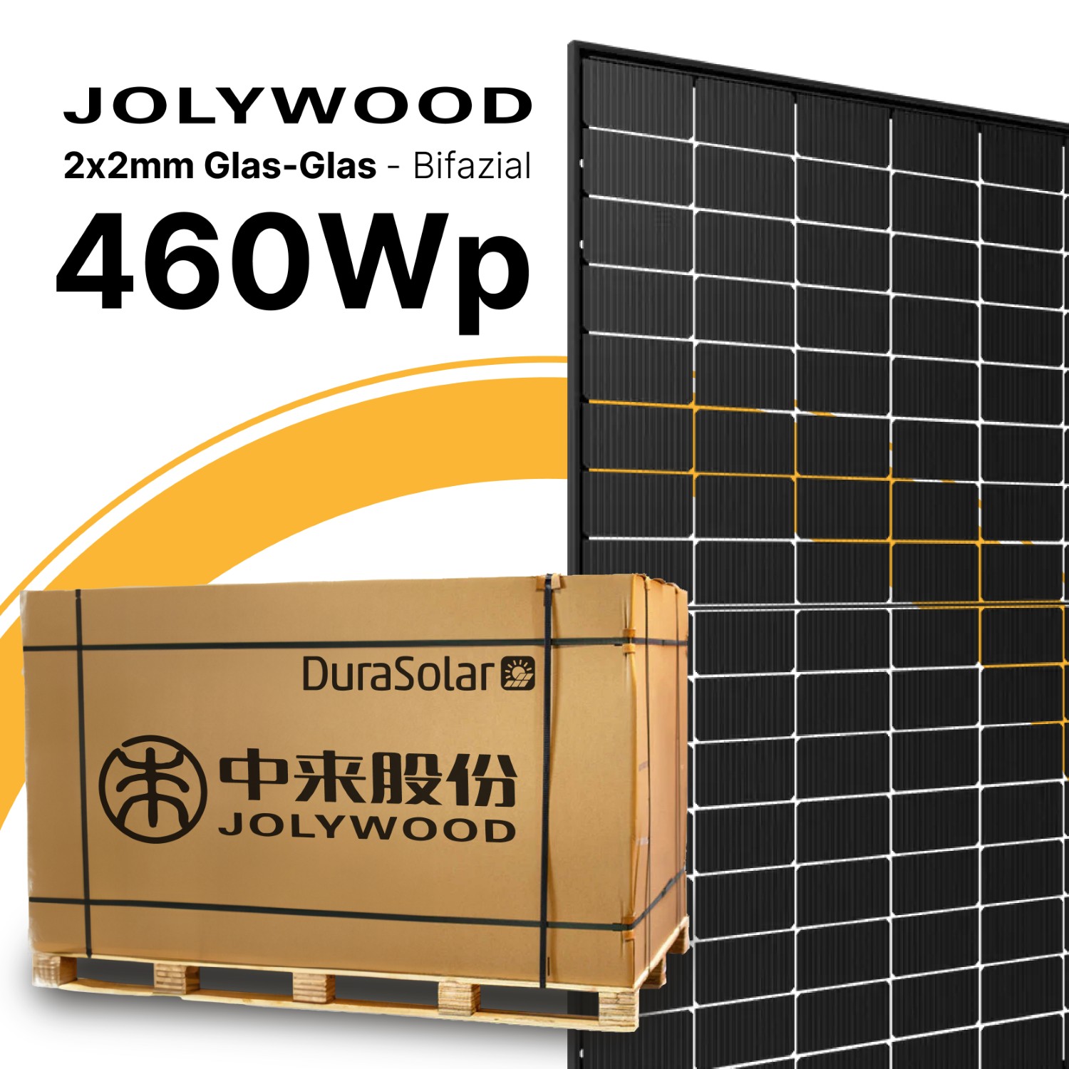 Jolywood 460W Bifazial 2x2mm Glas-Glas Modul JW-HD96N 460W - Palettenpreis (37 Stk.) - PV Solar Panel 