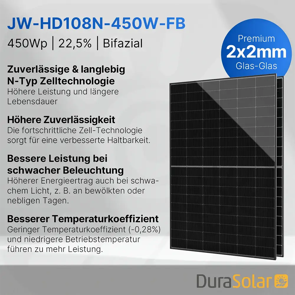 Jolywood 450W Bifazial 2x2mm Glas-Glas Full Black Modul JW-HD108N 450W - PV Solar Panel