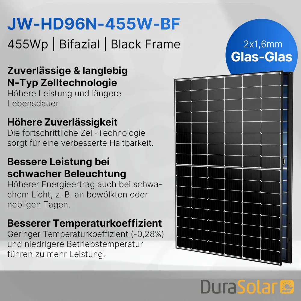 Jolywood 455W Bifazial 2x1,6mm Glas-Glas Modul JW-HD96N Black Frame - PV Solar Panel Jolywood 455W Bifazial 2x1,6mm Glas-Glas Modul JW-HD96N Black Frame - PV Solar Panel