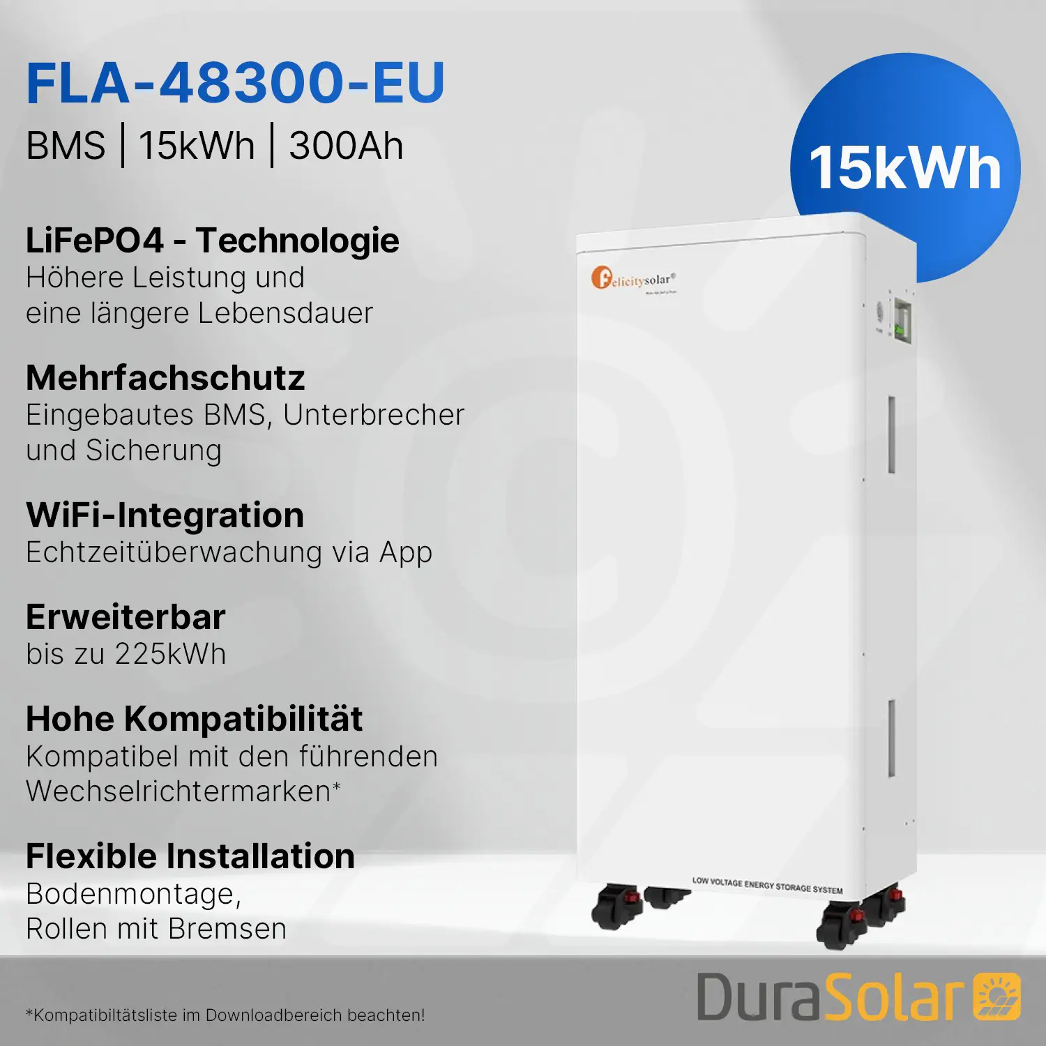 Felicity 15kWh Speicher | FLA48300-EU | LiFePO4 Lithium-Ionen-Akku | 51.2V | 300Ah Felicity 15kWh Speicher | FLA48300-EU | LiFePO4 Lithium-Ionen-Akku | 51.2V | 300Ah