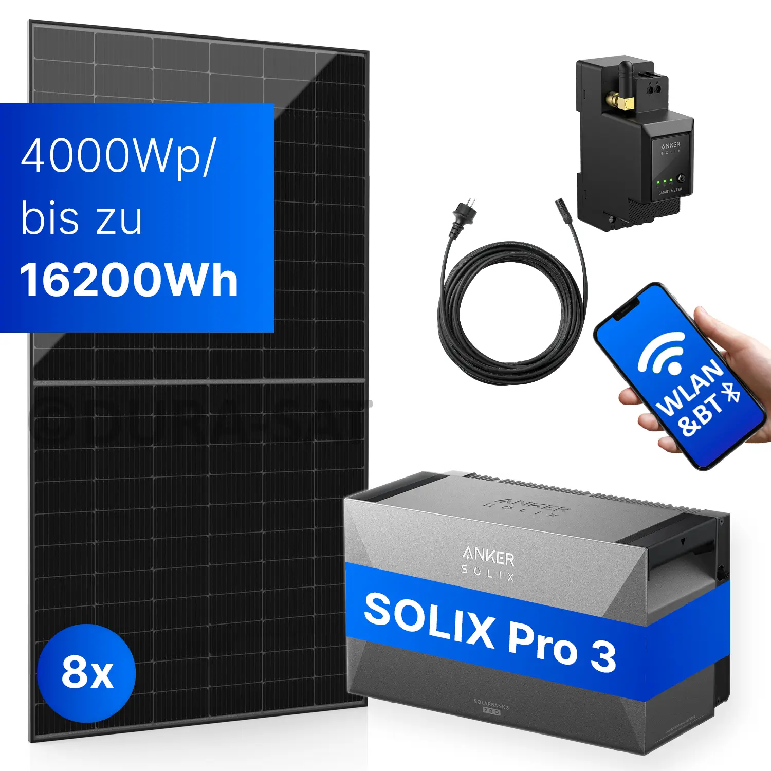 4000Wp Balkonkraftwerk mit Anker SOLIX Solarbank 3 E2700 PRO - XWh - 8x500Wp 