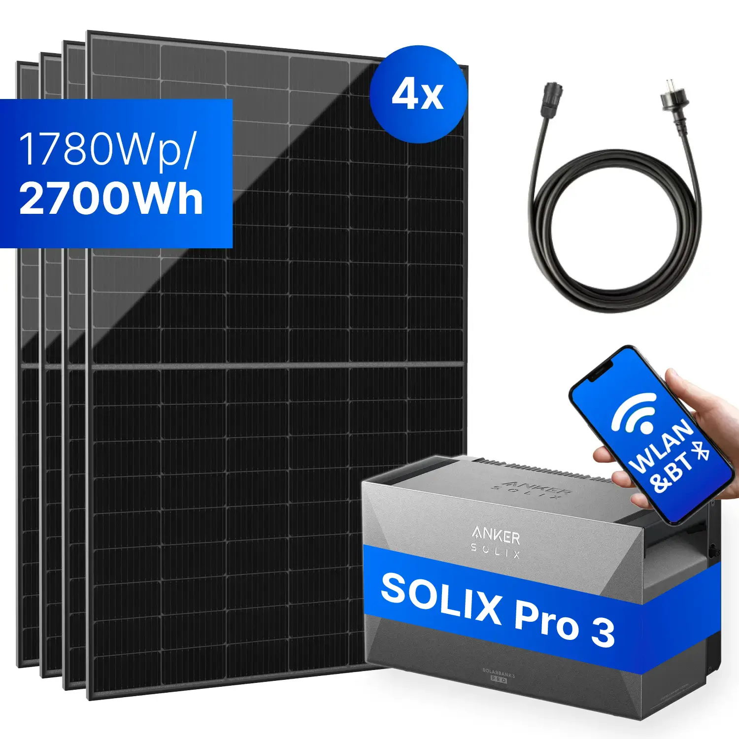1780Wp Balkonkraftwerk mit Anker SOLIX Solarbank 3 E2700 PRO - XWh - 4x445Wp 