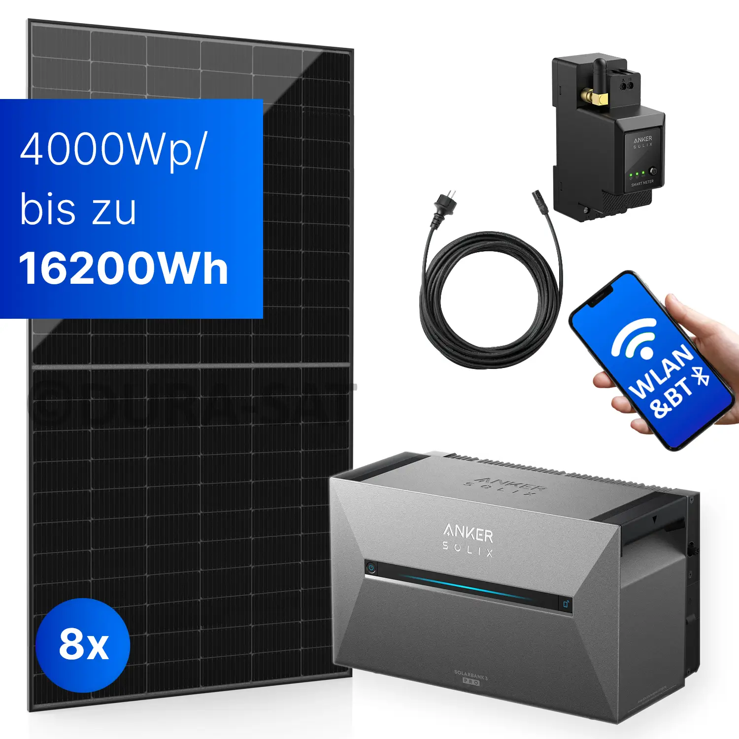 4000Wp Balkonkraftwerk mit Anker SOLIX Solarbank 3 E2700 PRO - XWh - 8x500Wp 