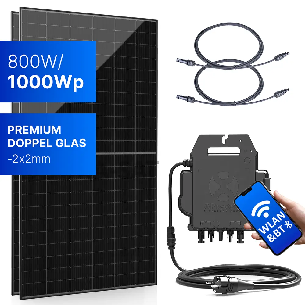 Balkonkraftwerk 800W/1000Wp bifazial mit 3 - 20m Anschlusskabel Balkonkraftwerk 800W/1000Wp bifazial mit 3 - 20m Anschlusskabel